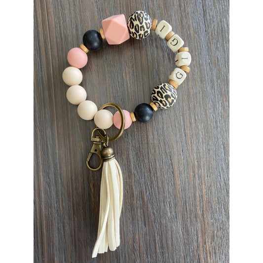 Silicone Beaded Wristlet GIGI Keychain. pink, black, animal print silicone beads with block letter beads GIGI. - Little Gift Nook