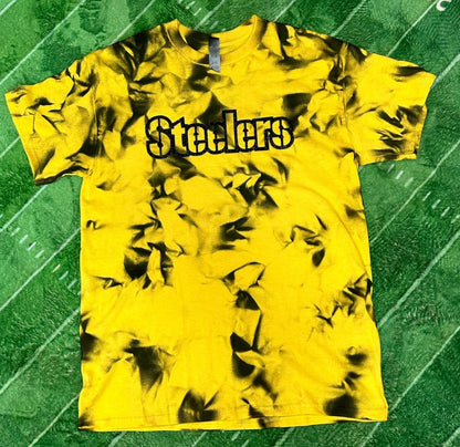 Steelers Black Yellow Dyed Glitter Letter Tshirt. Yellow & Black dyed tshirt with black glitter lettering on front.- Little Gift Nook