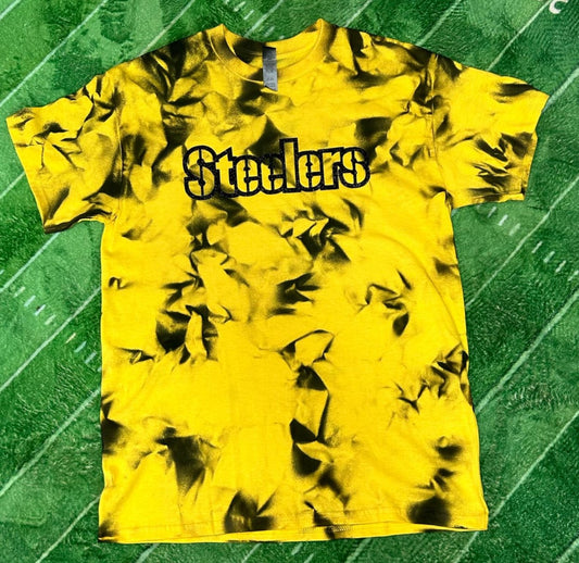 Steelers Black Yellow Dyed Glitter Letter Tshirt. Yellow & Black dyed tshirt with black glitter lettering on front.- Little Gift Nook