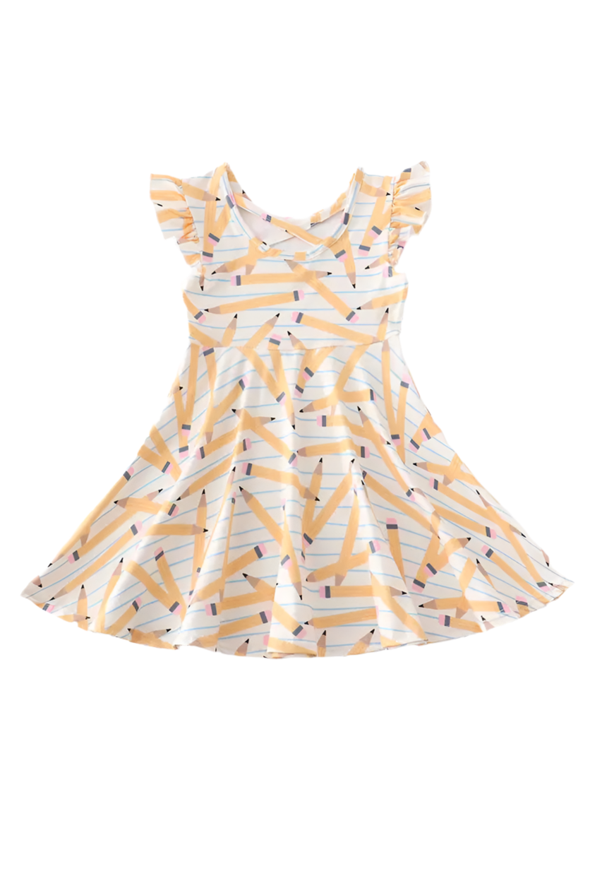 Striped Yellow Pencil Print Twirl Dress - Little Gift Nook