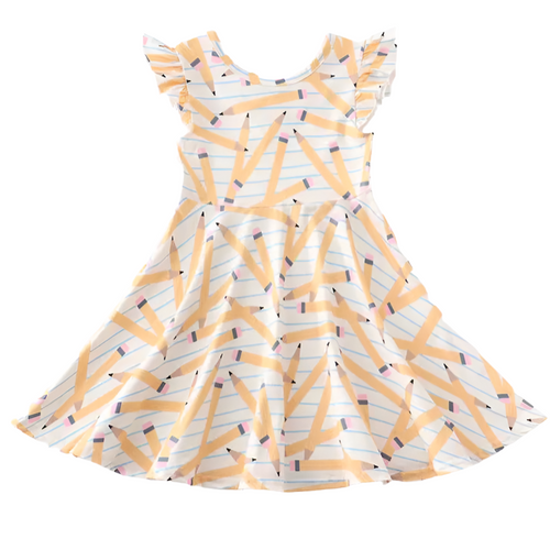 Striped Yellow Pencil Print Twirl Dress - Little Gift Nook