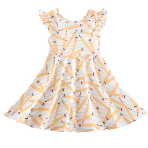 Striped Yellow Pencil Print Twirl Dress