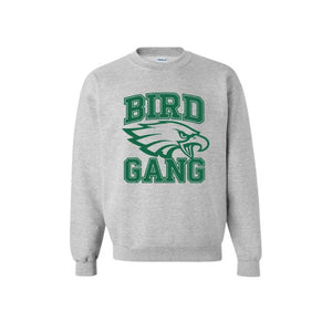 Superbowl Bird Gang gray fleece lined crewneck sweatshirt with green lettering on front. Little Gift Nook