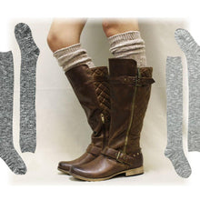 Load image into Gallery viewer, Tall Knit Woman&#39;s Boot Socks. Light Gray, Black/White, and Beige colors.