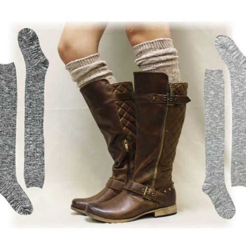 Tall Knit Woman's Boot Socks. Light Gray, Black/White, and Beige colors.