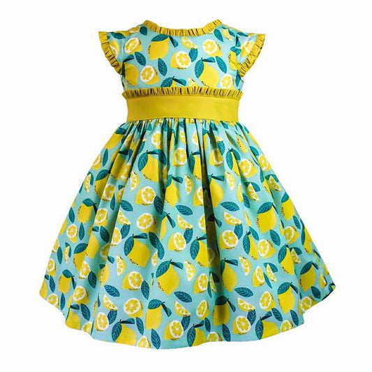 Vintage Ethel Lemonade Lemon Print Dress. Teal and yellow lemon print ruffle lined dress. Has ruffle waistband in yellow and ruffle accents at neckline and cap sleeves. Lined and Zips in back. - Little Gift Nook