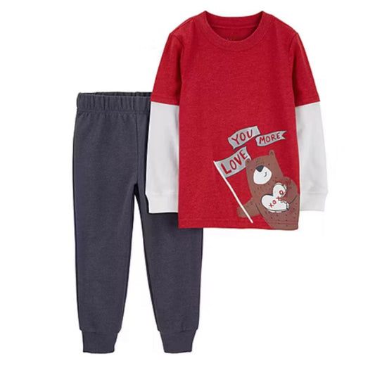 Toddler Boys 2-pc. Love You More Pant Set.  Long Sleeve 2 tone Top & Elastic waist cuffed sweatpants. Little Gift 