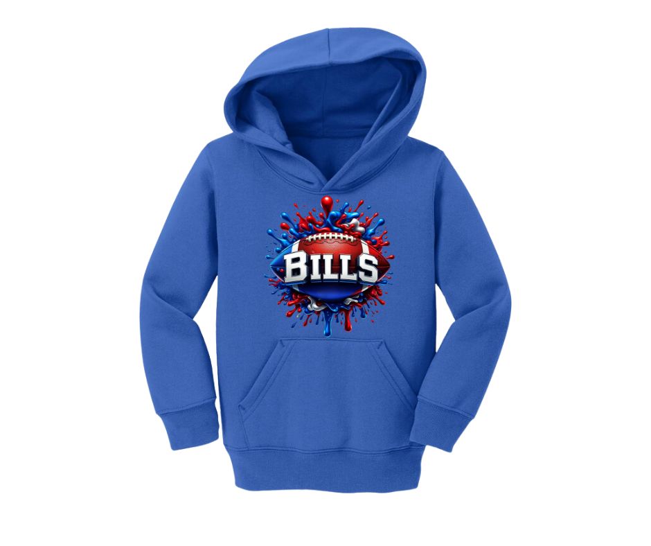 Toddler Royal Blue Bills Splatter Paint Hoodie. Toddler size hoodie. Football. Has kanga front pocket and hood. Little Gift Nook.