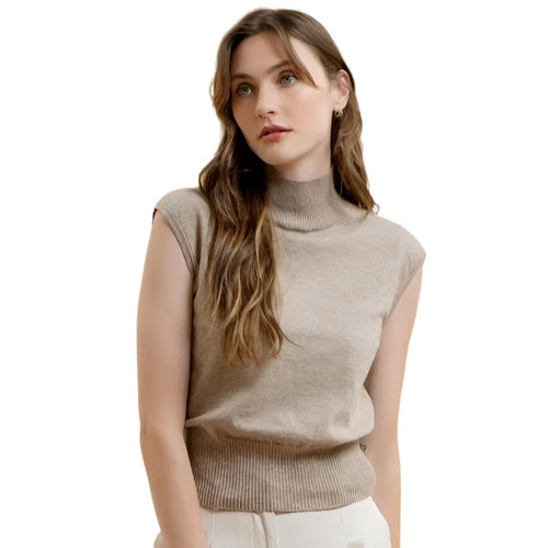 Turtleneck Sweater Knit Shell Top in Mocha