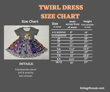 Load image into Gallery viewer, Hocus Pocus Witches soft &amp; stretchy Twirl Dress size chart.