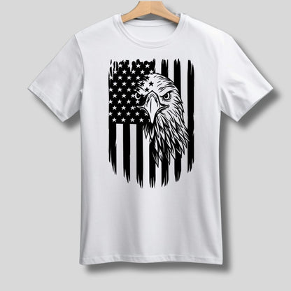 Adult Patriotic Eagle USA Flag Shirts - white short sleeve tshirt with black flag & eagle combined image on front in black. Little Gift Nook