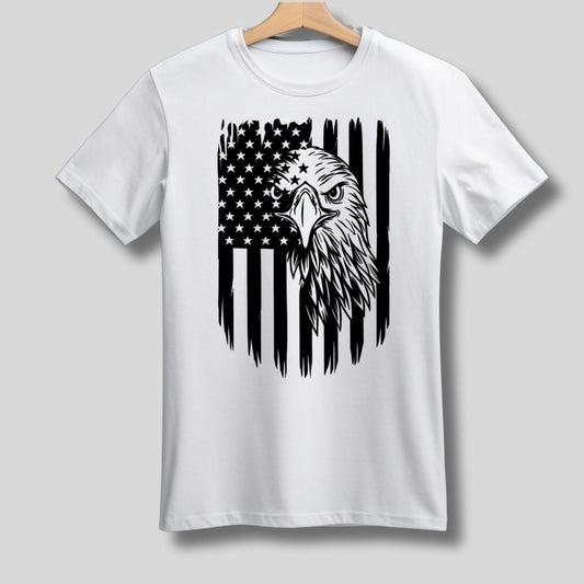 Adult Patriotic Eagle USA Flag Shirts - white short sleeve tshirt with black flag & eagle combined image on front in black. Little Gift Nook