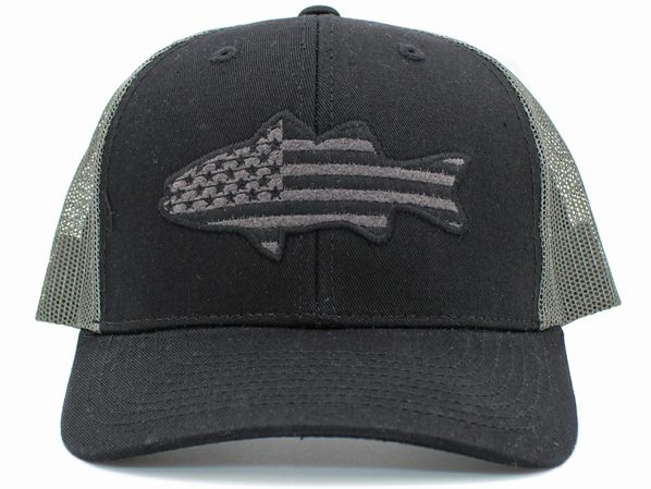USA Flag Fish Patch Mens Hat. Black gray baseball hat with mesh sides. Embroidered USA Flag fish on front - Little Gift Nook