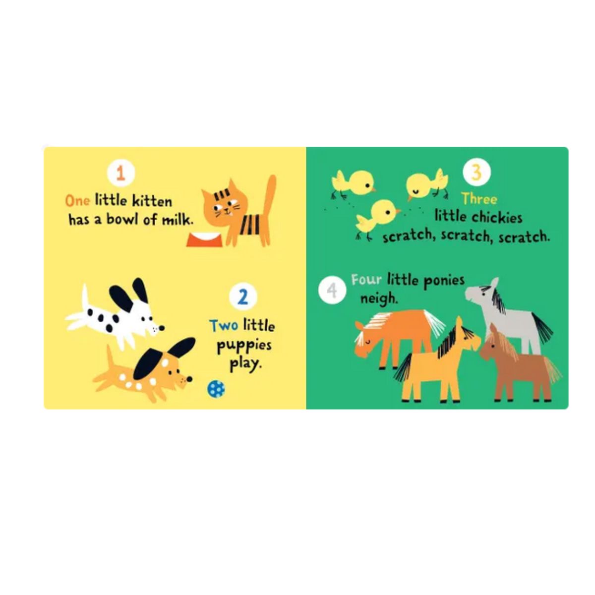 Inside children's book "Baby, Let's Count" Indestructibles book with cat, dogs, chicks, and horses on yellow and green pages.
