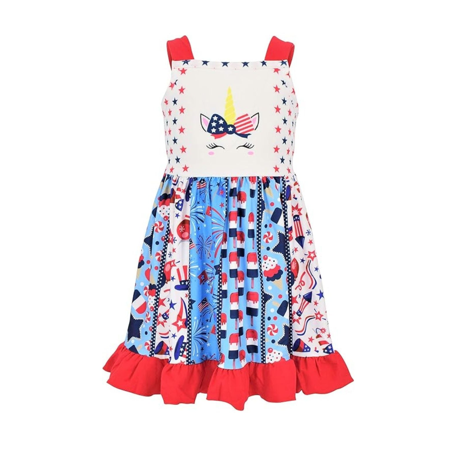 Unicorn Patriotic 4th July Twirl Dress. Sleeveless apron style dress with unicorn flag on front and patriotic theme twirl skirt. Ties in back. - Little Gift Nook