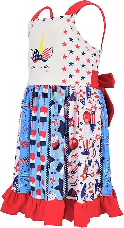 Unicorn Patriotic 4th July Twirl Dress. Sleeveless apron style dress with unicorn flag on front and patriotic theme twirl skirt. Side view. - Little Gift Nook