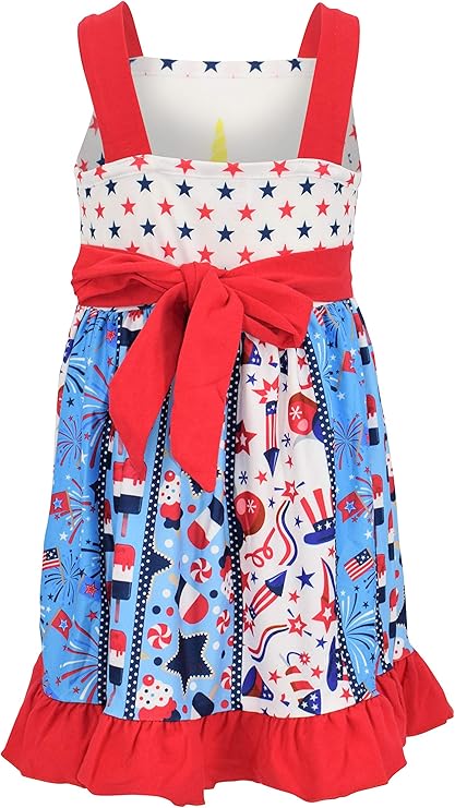 Unicorn Patriotic 4th July Twirl Dress. Sleeveless apron style dress with unicorn flag on front and patriotic theme twirl skirt. Ties in back. - Little Gift Nook