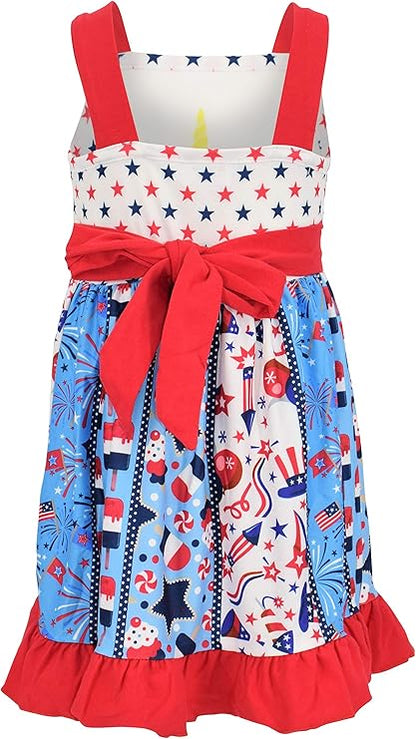 Unicorn Patriotic 4th July Twirl Dress. Sleeveless apron style dress with unicorn flag on front and patriotic theme twirl skirt. Ties in back. - Little Gift Nook
