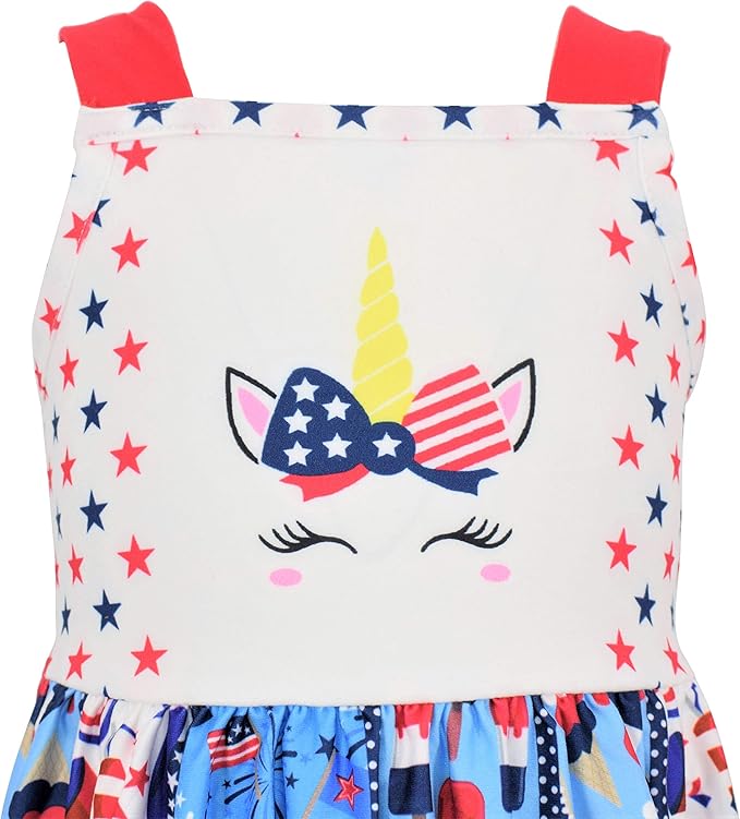 Unicorn Patriotic 4th July Twirl Dress. Close up of bodice of dress. Sleeveless apron style dress with unicorn flag on front and patriotic theme twirl skirt. Ties in back. - Little Gift Nook