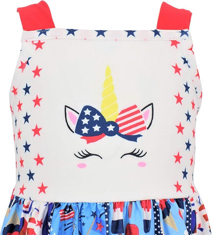 Unicorn Patriotic 4th July Twirl Dress. Close up of bodice of dress. Sleeveless apron style dress with unicorn flag on front and patriotic theme twirl skirt. Ties in back. - Little Gift Nook