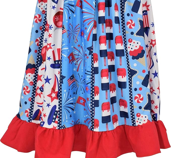 Close up of dress.  Different vertical striped of patriotic theme sections. Little Gift Nook.
