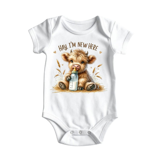 “Hay I’m New Here” Baby Cow Onesie – Farm Baby Bodysuit, Baby Gift