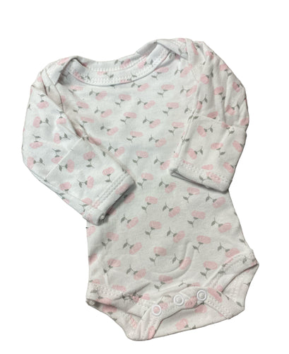 Preemie Girls White Pink Floral Print long sleeve bodysuit