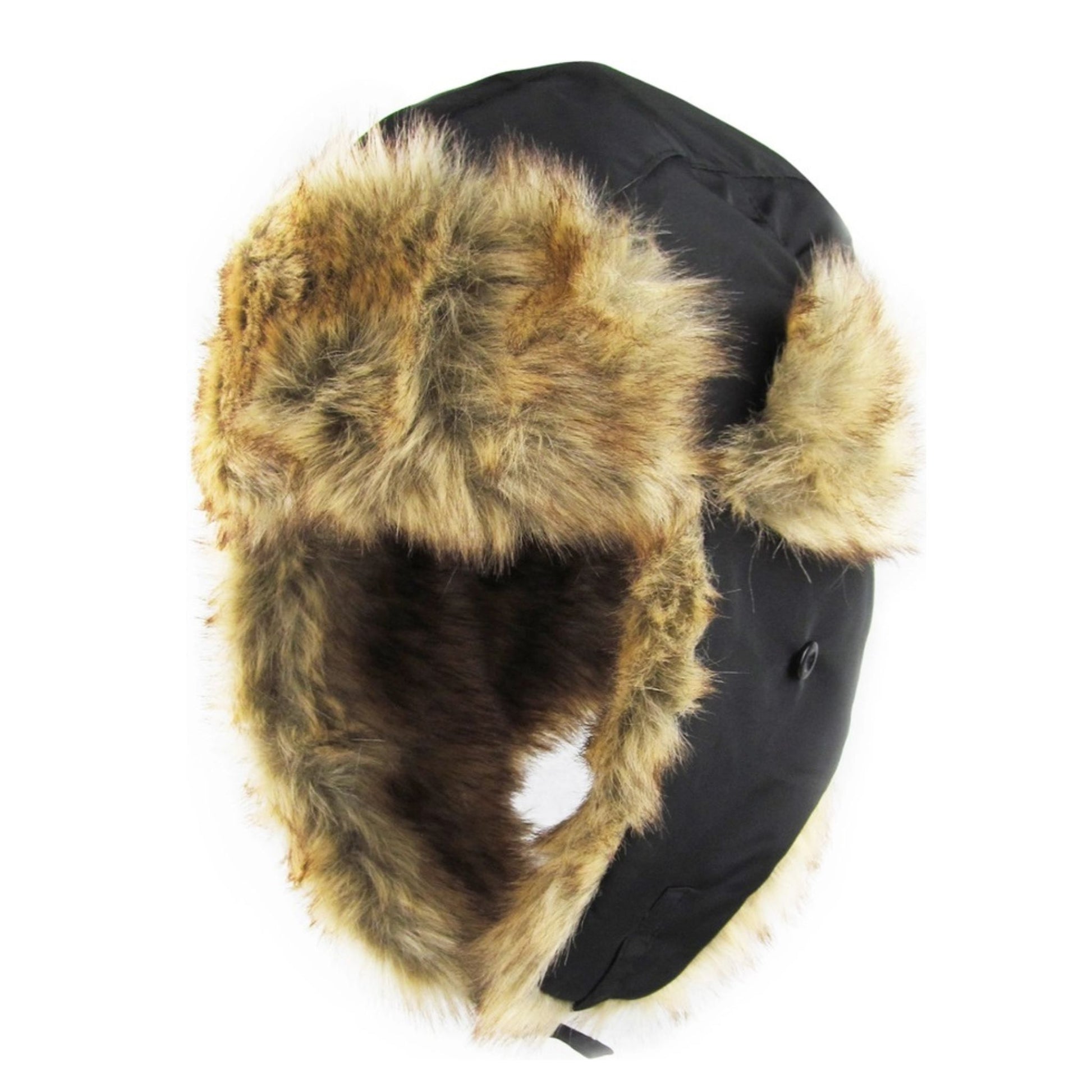 Warm Winter Black Trapper Hat with  tan faux fur lining  and ear flaps. - Little Gift Nook