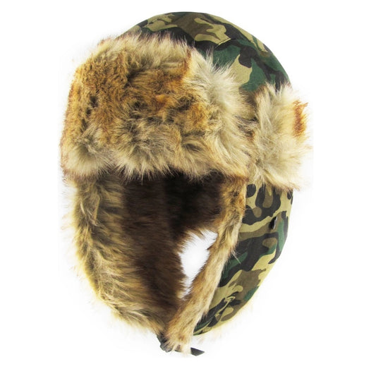 Winter Green Camo Trapper Hat with tan faux fur lining and ear flaps.  Clasp at chin. Little Gift Nook.