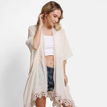 Load image into Gallery viewer, Woman&#39;s Beige Laced Edge Kimono - Little Gift Nook