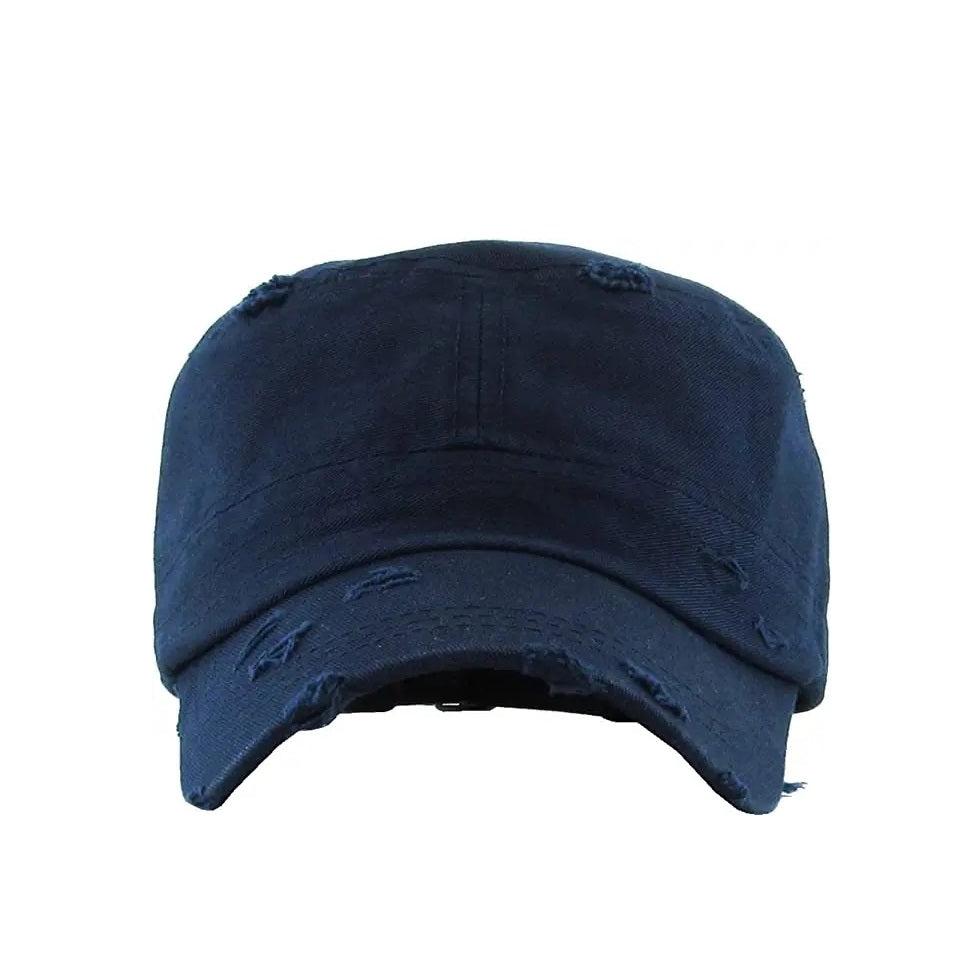 Woman's Navy Cadet Hat front view. Worn look on brim and hat.