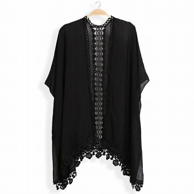 Women's Black Laced Edge Kimono front view. - Little Gift Nook