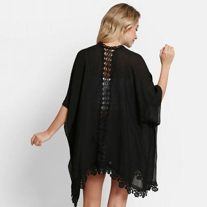 Women's Black Laced Edge Kimono. Back view with crochet lace vertical accent down middle. - Little Gift Nook