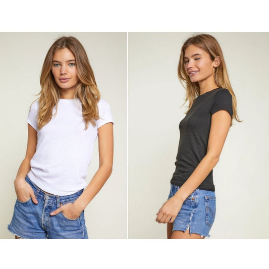 Women's Crew Neck Short Sleeve Rib Knit Basic Tee. White or Black short sleeved. Soft & stretchy shirts. - Little Gift Nook