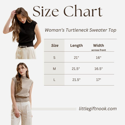 Women's turtleneck knit sweater top size chart. Black or Tan. Little Gift Nook.