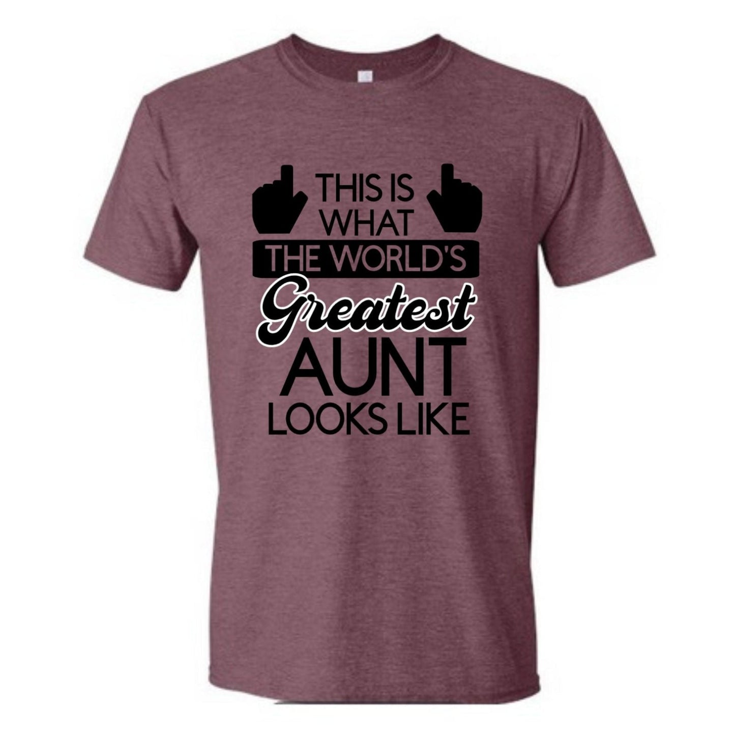 World's Greatest Aunt plum color heather maroon unisex tshirt with black and white lettering. This is what the world's greatest aunt looks like on front with hands pointing up.  Little Gift Nook.