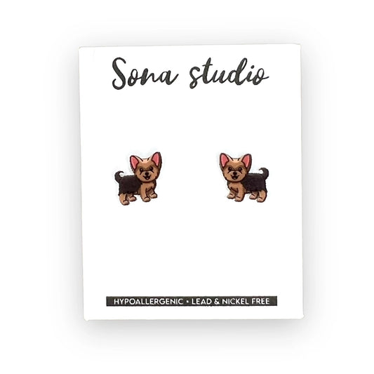 Yorkie Puppy Earrings. Nickle Free stainless steel. Post butterfly backing. - Little Gift Nook