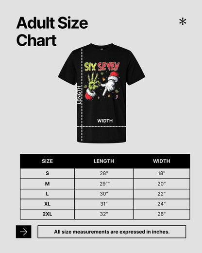 Adult size chart for a black t-shirt with Grinch Holiday 6-7 graphic design sitting on gray background.