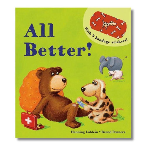 All Better! Bandage Reusable Sticker Board Book with 5 bandage stickers sitting on white background. Little Gift Nook.