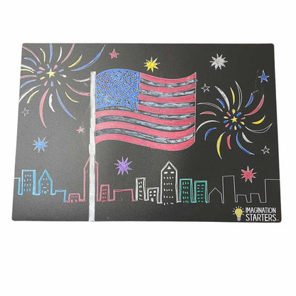 Wipe off Placemat with USA Flag, fireworks, and city skyline colored in sitting on white background.