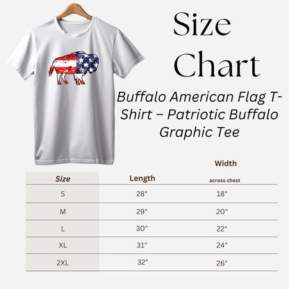size chart for white tshirt with American flag buffalo silhouette design graphic.