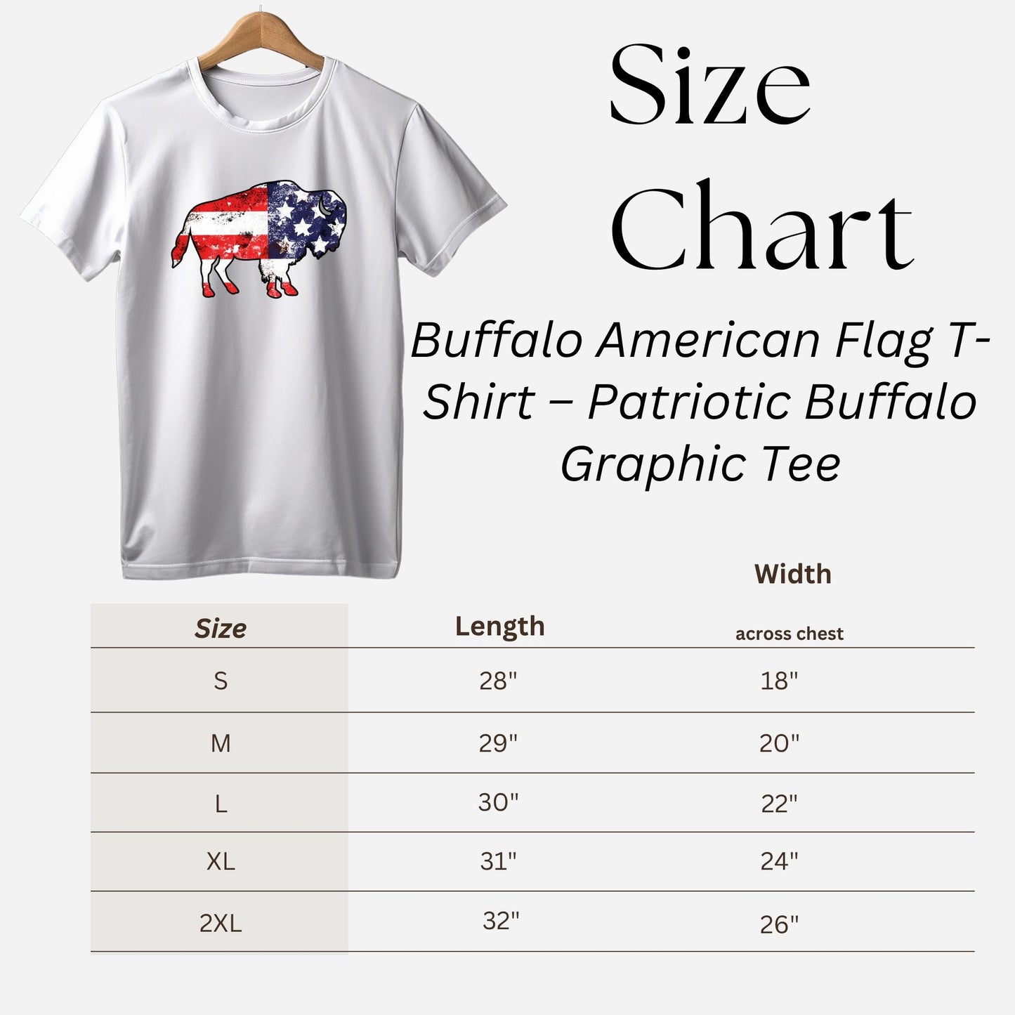 size chart for white tshirt with American flag buffalo silhouette design graphic.