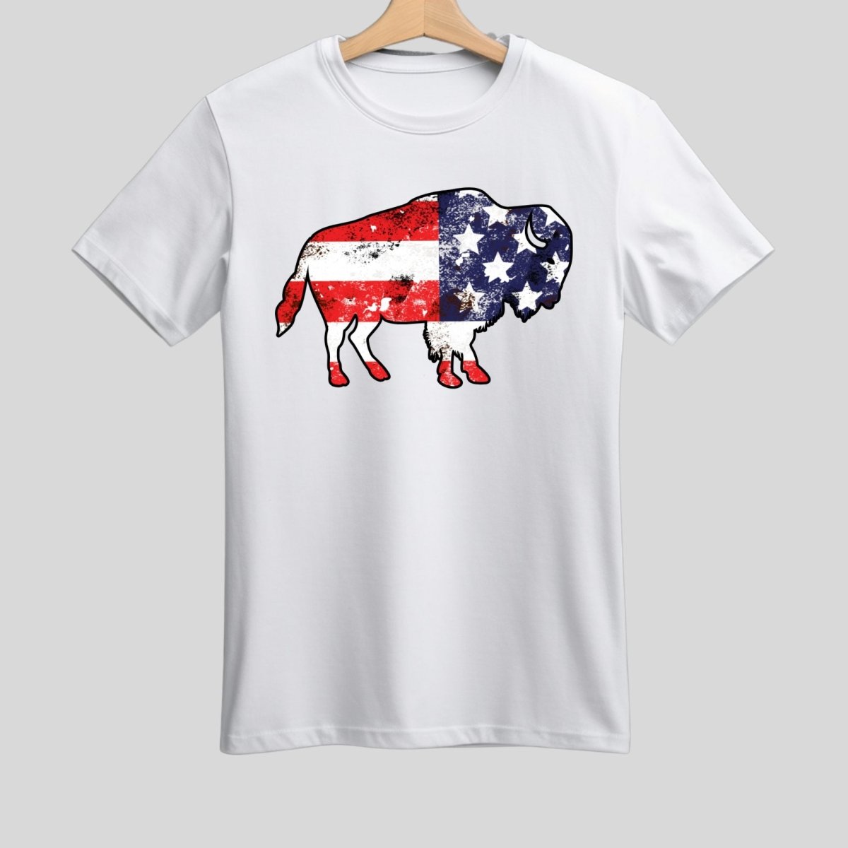 White adult unisex tshirt with Buffalo American Flag Graphic on front - Little Gift Nook