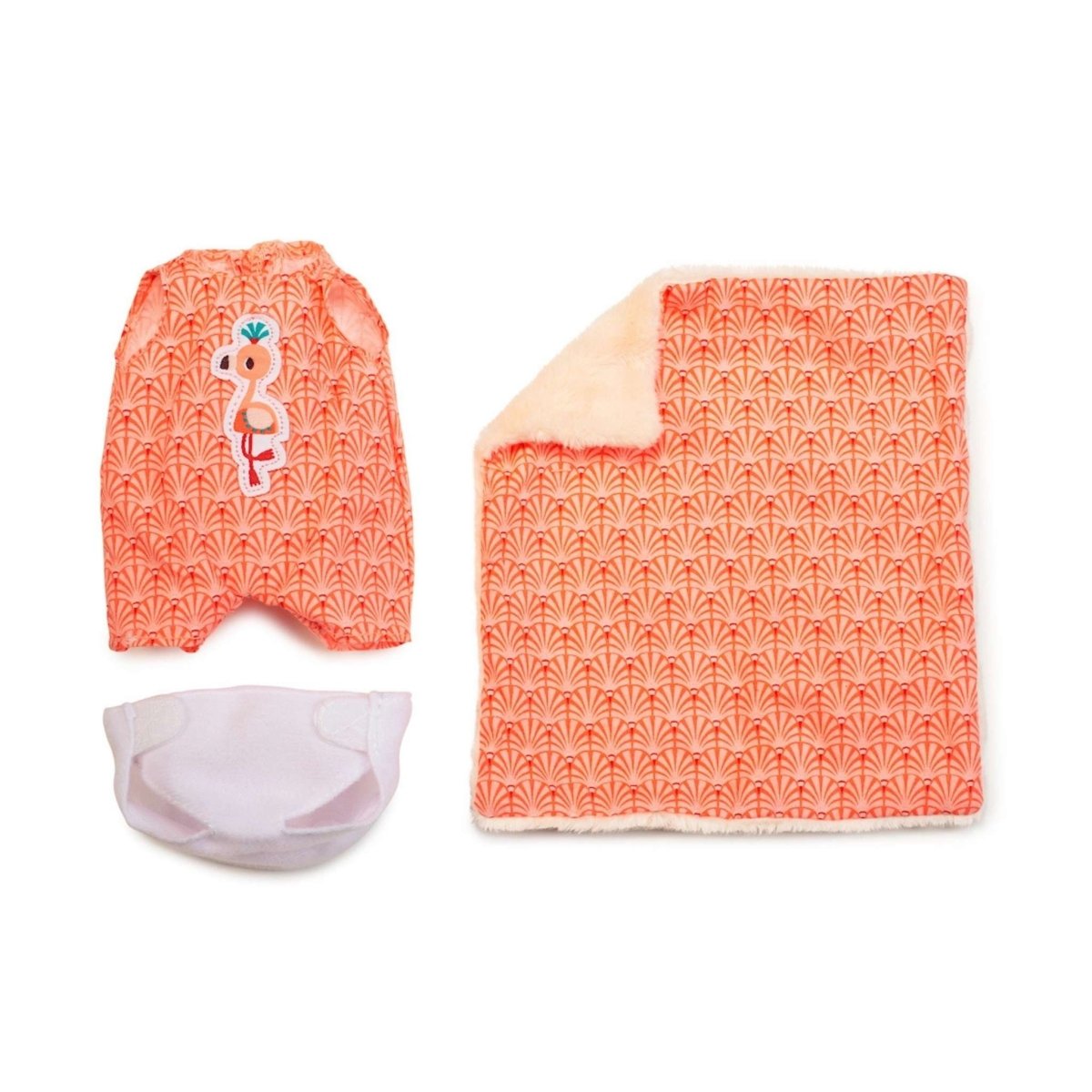 Janod soft baby doll pink romper, diaper, and blanket set. Little Gift Nook