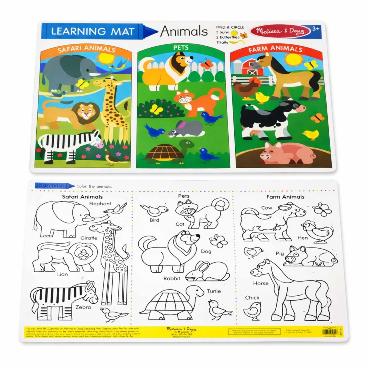 Melissa & Doug wipe off Animals wipe off activity mat double sided on a white background. Little Gift Nook
