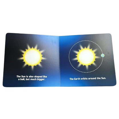Astrophysics board book for babies open to pages about sun and orbits on a white background.