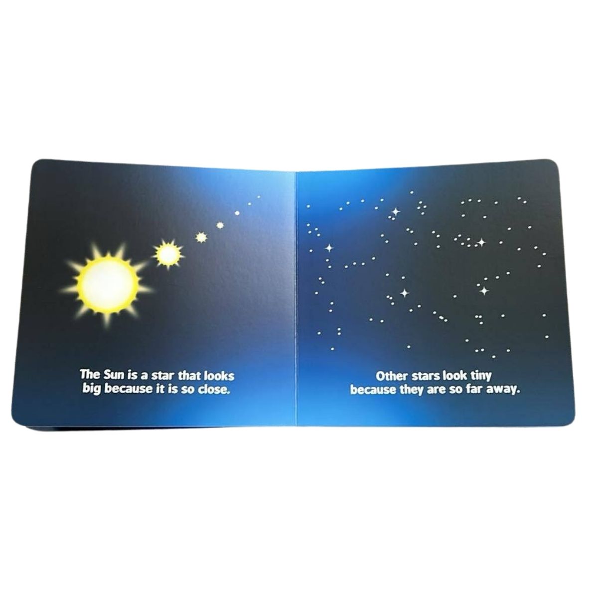 Astrophysics for babies book open top page about sun and stars on a white background.