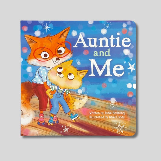 Auntie and Me board book with 2 fox on front. Book on gray background. Little Gift Nook.