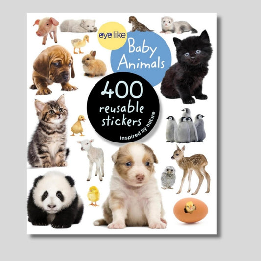 Sticker book cover with various baby animals and 'eyelike' branding cover on gray background. Little Gift Nook