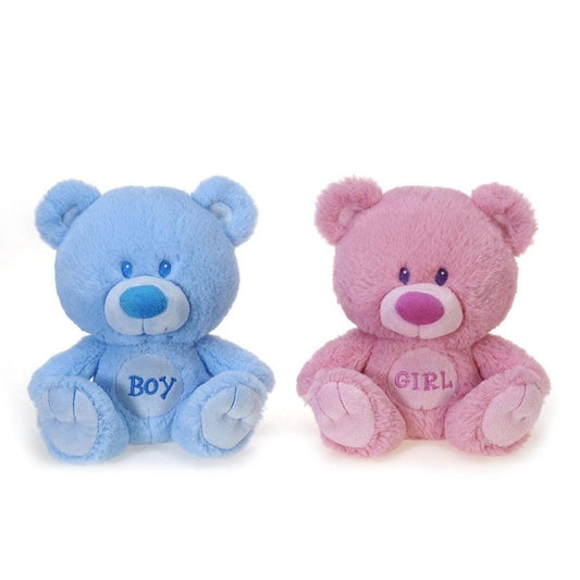 Signature push 8" blue BOY or pink GIRL teddy bears sitting on white background. Little Gift Nook